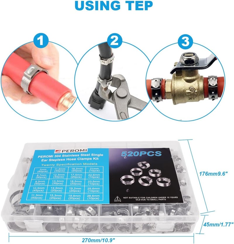 PEROMI 520 Pcs PEX Cinch clamps Ring, 20 Sizes 1/4-1 Inch Stainless Steel Single Ear Stepless Hose Clamps Assortment Kit for Water Pipe, Plumbing and Automotive Use - Image 5